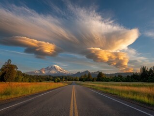 Wall Mural - Scenic road leading to majestic mountain under dramatic lenticular clouds at sunset in a vibrant landscape with golden light and clear blue sky