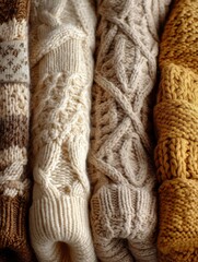 Poster - Cozy Knitted Sweaters in Natural Tones Detailed Close Up of Soft Warm Winter Clothing with Cable Knit Patterns and Textures for Fashion and Comfort