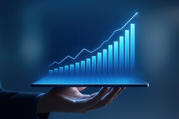 Poster - Growth in hand: An upward trending graph symbolizes growth and progress in business. Captured is a hand holding a virtual tablet, signifying business strategy, data analysis, and economic advancement.