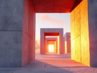 Poster - Architectural marvel featuring concrete structures bathed in warm sunlight creating a serene and peaceful atmosphere with a modern artistic style
