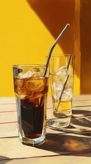 Poster - Refreshing summer beverage with ice cubes and straw on a sunlit table against a vibrant yellow background capturing a refreshing mood and a thirst quenching vibe