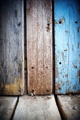 Poster - Rustic wooden planks in varying shades of gray brown and blue create a textured background with weathered charm and a sense of history and natural beauty for creative projects