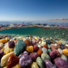 Poster - Captivating underwater scene of colorful pebbles on a beach shore beneath clear water and blue sky offering a serene and vibrant coastal view with distant cityscape