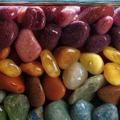 Poster - Vibrant assortment of colorful polished stones creating a captivating mosaic under clear water showcasing texture and light reflecting off the smooth surfaces in studio shot