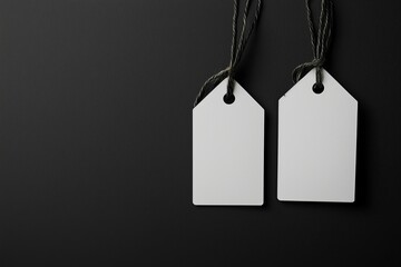 Wall Mural - Empty layout layout on grey background. Common blank label name tag hanging on neck with thread