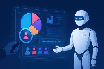 Poster - AI-Powered Analysis: A futuristic depiction showcases an intelligent robot engaged in data analysis, interpreting complex information with a user-friendly interface.