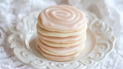 Poster - Stack of Delicious Sugar Cookies with Creamy Pink Frosting on a Decorative White Plate Sweet Treat Delightful Dessert Baking Confectionery Food Photography