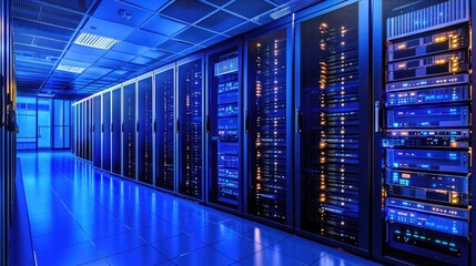 Poster - Bright modern server racks in a secure blue-lit data center corridor, ideal for cloud computing, IT services, digital storage, cybersecurity, hosting, and network solutions