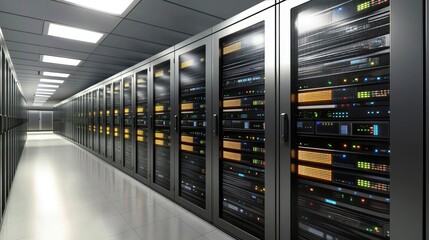 Aufkleber - Clean modern server room with glowing racks and bright lighting, ideal for cloud computing, IT infrastructure, cybersecurity, network management, and digital storage solutions