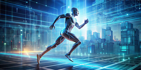 Poster - A humanoid figure sprinting through a vibrant city filled with futuristic architecture and glowing lines, showcasing advanced technology and dynamic movement