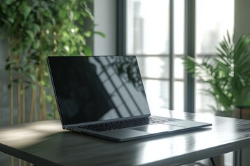 Poster - Laptop mockup on table in minimalist style workplace