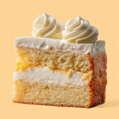 Poster - Delicious Slice of Vanilla Cake with Creamy Frosting on a Yellow Background Sweet Dessert Delightful Pastry Close Up Food Photography Studio Shot
