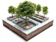 © DarkinStudio - 3D cutaway of urban tree planting in structural soil cell system, showing root expansion, load support layers, irrigation lines, and air vents, on white