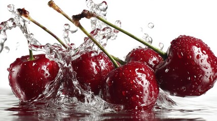Poster - Captivating close up of ripe cherries splashing in water against a bright white background showcasing freshness and vibrancy in a studio setting