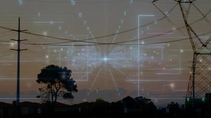 Poster - Digital power network being visualized in dusk landscape, with transmission tower and glowing nodes