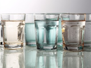 Poster - Refreshing glasses filled with pure water reflecting light on a wet surface creating a vibrant and clean visual mood perfect for hydration and wellness concepts