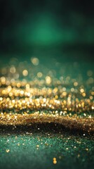 Poster - Emerald Dreamscape Golden Glittering Sands Abstract Artistry Captivating Bokeh Backdrop Festive Sparkle Elegant Design Alluring Texture Mesmerizing Visuals