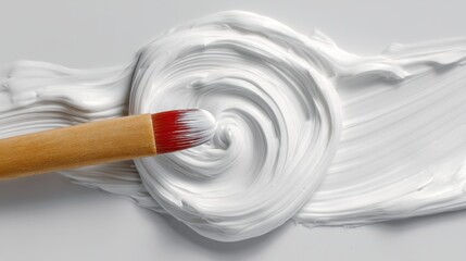 Poster - Artistic Brushstroke of White Paint with Wooden Handle on a Clean Background Creating a Smooth Texture and Elegant Visuals for Creative Projects and Design