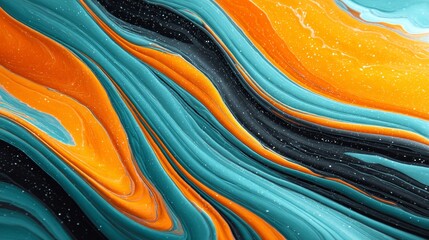 Poster - Abstract Fluid Art Swirls - Vibrant teal, orange, and black paint swirls create a dynamic abstract background. Perfect for modern design projects