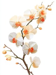 Poster - Elegant orchid blossom branch with delicate petals and vibrant colors on a clean white background for serene floral art a botanical illustration