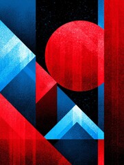 Poster - Abstract Red Blue Geometric Shapes Design - Symbolizing balance, contrast, energy, dynamism, and modern art. A vibrant composition of geometric shapes in bold red and blue hues