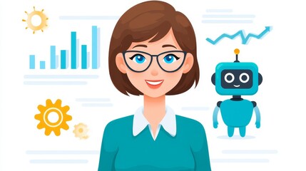 Poster - AI Business Analytics: A Woman and Her Robot Assistant - A cheerful woman uses AI to optimize business analytics, symbolizing progress, technology, efficiency, teamwork, and growth