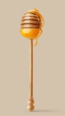 Poster - Honey dipper dripping with golden honey against a warm beige background creating a sweet and natural visual with a focus on texture and detail in a minimalist style