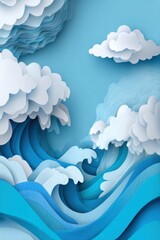 Poster - Serene ocean wave art with layered paper clouds against a blue sky backdrop creating a peaceful atmosphere perfect for digital design projects and summer themes