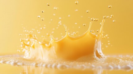 Poster - Vibrant splash of fresh orange juice creating dynamic crown shape against a soft yellow background capturing refreshing and energetic mood perfect for healthy lifestyle promotions