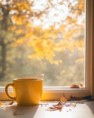 Wall Mural - Cozy autumn scene with a yellow mug on a windowsill overlooking vibrant fall foliage and warm sunlight creating a peaceful and inviting atmosphere for relaxation