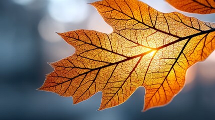 Poster - Autumn Leaf Backlit by Sun - Close-up of a translucent autumn leaf with sunlight shining through, showcasing intricate veins. Beautiful nature