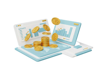 Poster - 3d rendered golden coins falling above stacked coins and financial charts with blue tones and transp