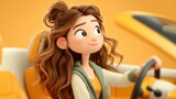 Adorable cartoon girl driving a yellow convertible car happy smiling 3d fun joy cute cute hair model