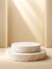 Poster - Beige Minimalist Marble Podium Display - Elegant two-tiered marble podium, bathed in soft sunlight, ideal for product showcasing or branding. Symbolizes luxury, simplicity, sophistication, serenity