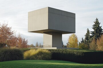 Poster - Modern architecture with cuboid structure, showcasing concrete art and minimalist design in landscaped environment with trees and shrubbery.
