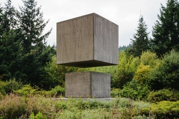 Poster - Abstract concrete art installation in a green landscape, with a levitating cube hovering over another cube on a platform.