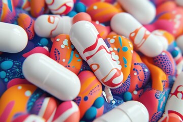 Poster - Close-up abstract of white capsules with colorful designs and orange shapes surrounded by blue spheres. Conceptual and unique.