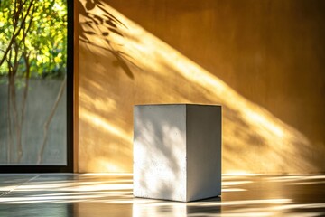 Fototapete - Concrete cube basks in sunlight, shadows dancing on walls & floor. A window frames lush greenery, blending nature indoors.