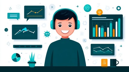 Poster - Cheerful Analyst Optimizing Business Data - A happy person wearing headphones analyzes business charts and graphs, symbolizing data analysis, efficiency, support, problem-solving, and growth
