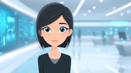 Poster - Confident Businesswoman Cartoon Portrait - A friendly cartoon businesswoman looks directly at the camera, set against a blurred modern office background