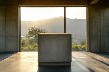 Poster - Minimalist interior space featuring a concrete cube against a backdrop of a scenic mountain view through a large window at sunrise.