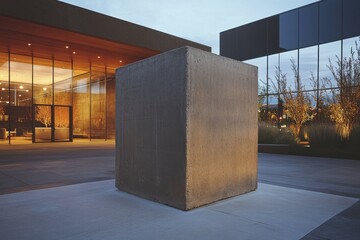 Poster - Sculptural concrete cube at dusk in an architectural courtyard, with modern building and landscape visible in the soft light.