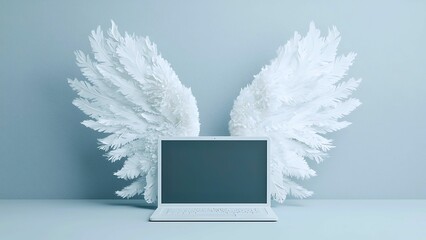 Poster - A laptop surrounded by angel wings. A concept of digital protection and security.