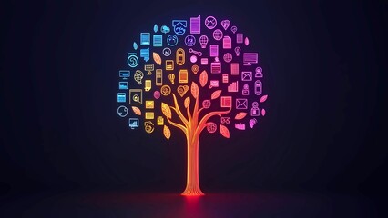 Poster - A creative tree with illuminated icons, representing growth and connection. The colorful tree symbolizes various aspects of life, from technology to nature. 