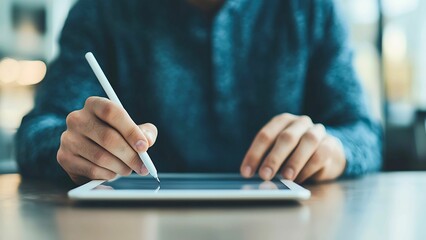 Poster - Close-up of person's hands using a stylus pen on tablet, showcasing the technology and detail