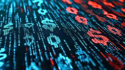 Poster - Digital currency symbols cascading in a futuristic, abstract design, illustrating the dynamics of finance