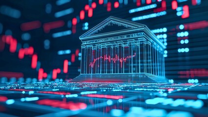 Poster - Abstract digital rendering of a bank with fluctuating financial data and the red-green data
