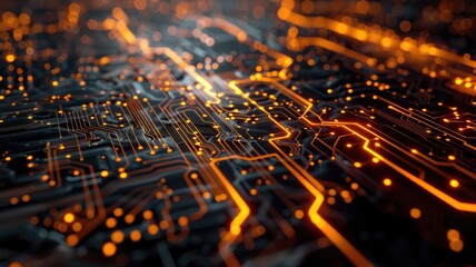 Poster - Glowing orange circuit board with detailed lines and patterns on a dark background. Digital art for design. Abstract image of wireframe or motherboard with glowing color with electronic parts. AIG53.