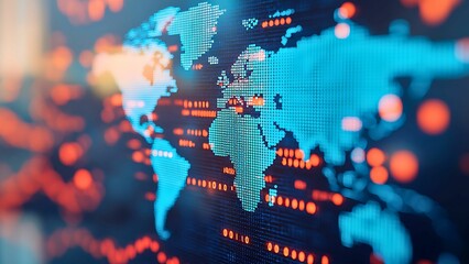 Poster - The world map with a network of data and connection, with blue and red tones creating a sense of global connectivity and data flow.
