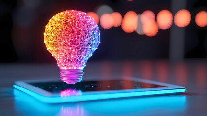 Poster - A colorful glowing lightbulb sits atop a tablet, illuminating a dark scene